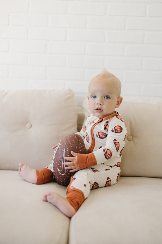 Little Joy Co. - Football Print Bamboo Zippy Romper  IN STOCK